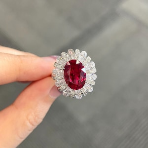 6 Carat Oval Lab Ruby Wedding Ring,Vintage Halo Zircon RingHandmade Silver Ring,Red Ruby Jewelry,Engagement Ring for Women