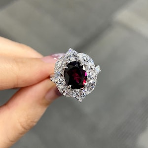 Bague grenat rouge naturel ovale 3,2 carats, bague grenat art déco, bague en argent 925 terling, bagues de fiançailles uniques, bijoux tendance grenat