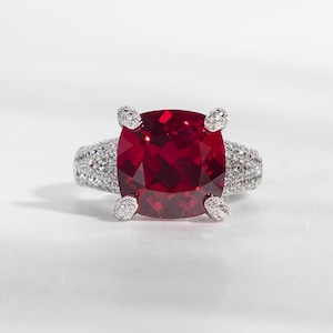 8 Carat Huge Lab Grown Ruby Engagement Ring, 925 Sterling Silver Ring, Cushion Cut Ruby CZ Halo Ring, Vintage Inspired Ruby Cocktail Ring