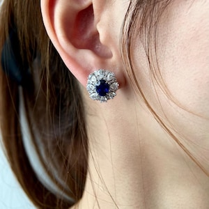 Sapphire Flower Stud Earrings in Sterling Silver or Solid Gold,Deep Blue Sapphire Studs,Oval Cut Blue Gemstone Earrings,September Birthstone