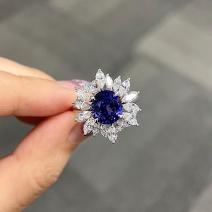 3.2 Carats Vintage Sapphire Engagement Ring,Lab Grown Round Sapphire Wedding Ring,14k Solid Gold Engagement Rings For Women
