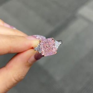 5 Carat Pink Zircon Radiant Cut Ring: 14K Gold & Sterling Silver Promise Ring