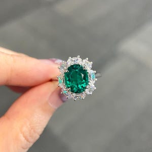 2.6 Carat Vintage emerald engagement ring, May birthstone, oval cut, sterling silver halo ring