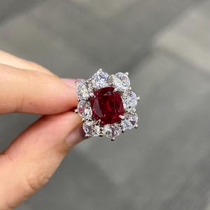 4 carat, Vintage ruby wedding ring, Cushion cut ,red gemstone, July birthstone, white gold, handmade birthday gifts