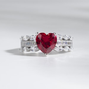 2 Carat Heart Shaped Lab Grown Ruby Engagement Ring, 14K White Gold Unique Ring, July Birthstone Promise Ring, Anniversary Gifts