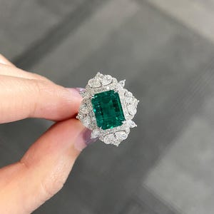 3.3 Carat Lab Created Emerald Engagement Ring, Vintage Unique Green Gemstone Anniversary Ring,14k White Gold Maximalism Ring