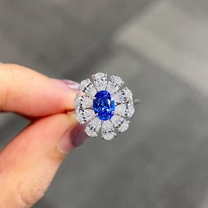 1 carat blue spinel ring, oval cut gemstone, sterling silver engagement ring