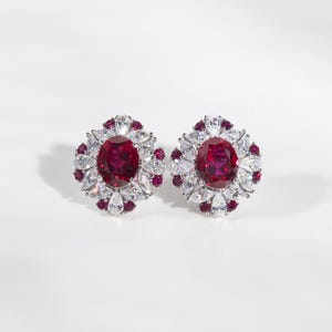 Oval Cut Lab Grown Ruby Stud Earrings, Cluster Earrings, 925 Sterling Silver, Vintage Style Earrings, July Birthstone
