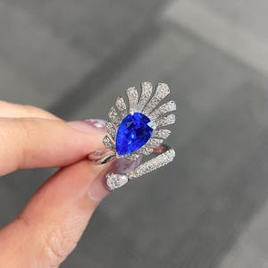 Cobalt Spinel Engagement Ring: Sterling Silver, Pear Cut, Feather Inspired