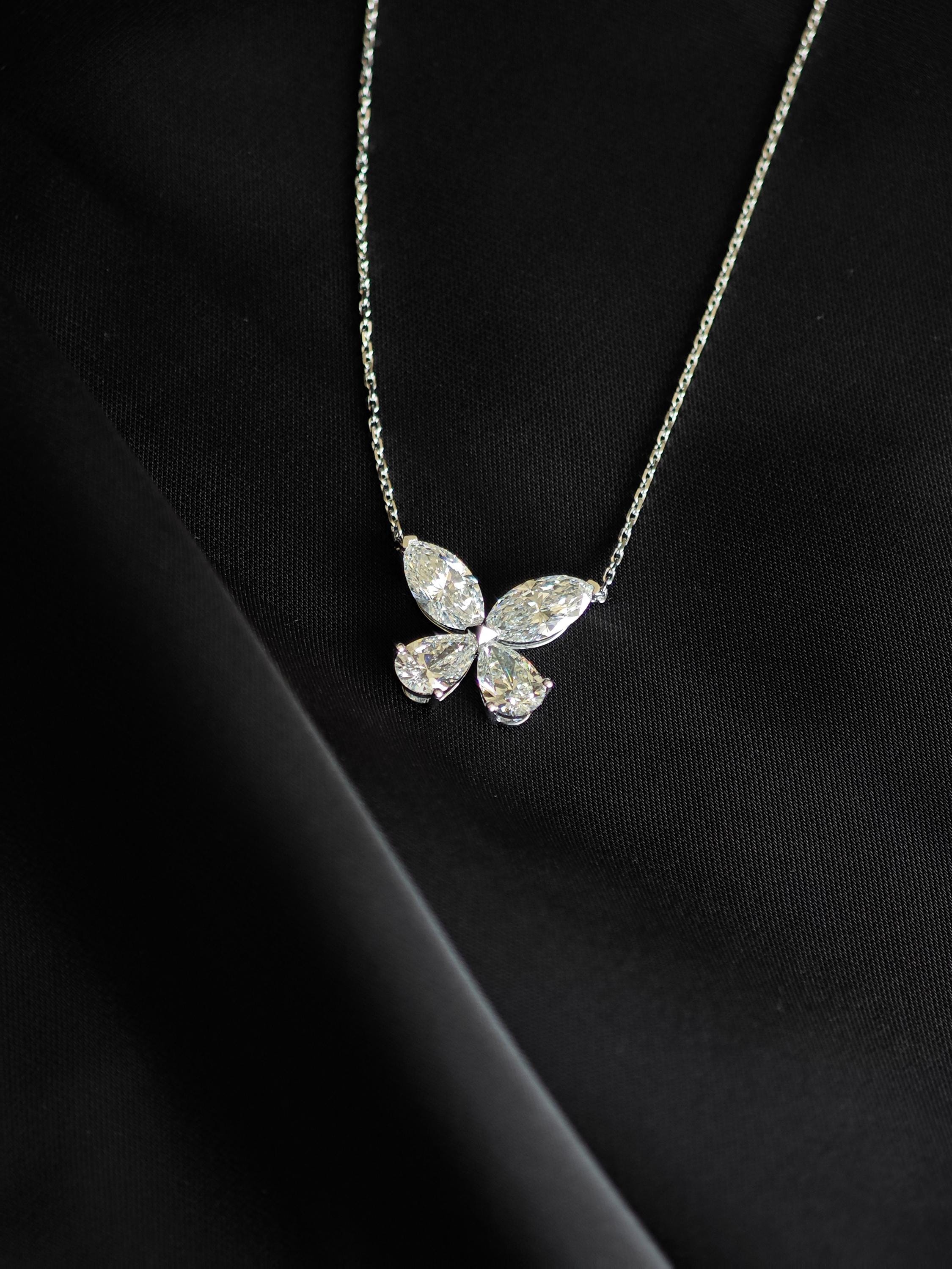 3.6 TCW Marquise and Pear Necklace Diamond Butterfly Necklace, 9k White Gold Butterfly Necklace, Dainty Butterfly Necklace, IGI Certificate