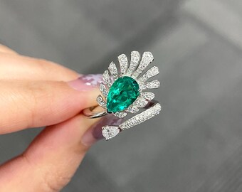 1.8 Carat emerald ring, emerald promise ring, May birthstone, sterling silver, green gemstone ring, pear cut gemstone