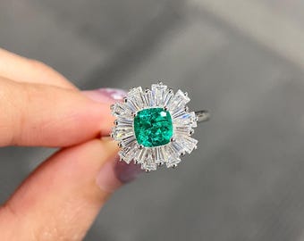 1 Carat Emerald engagement ring, sterling silver, cushion cut, emerald gemstone ring