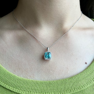 6.8 Carat Paraiba Tourmaline Blue Necklace,Radiant Cut Gemstone Paraiba Necklace,Dainty 14K White Gold Necklace for Women,Gift for Her