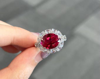5.2 Carat Oval Lab Grown Ruby Engagement Ring,Oval Zircon Gemstone Ring,14k Gold & 925 Sterling Silver Ring,Birthstone Ring,Gift Ring