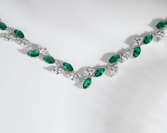 Delicate Green Leafy Vine Silver Choker Necklace, Marquise Cut Nano Green Gemstone & Zircon Necklace, Anniversary Bridal Gift