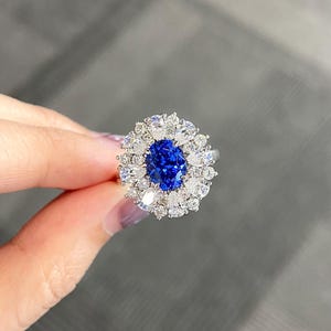 2.5 carats Royal Blue Genuine Lab Grown Sapphire Halo Engagement Ring, Diana Ring 9*7 mm Oval Cut Sapphire September Birthstone Promise Ring