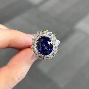 5.9 Carats Oval Lab Created Sapphire Ring,14k Solid Gold Engagement Rings For Women,Vintage Blue Gemstone Ring,Unique Anniversary Ring