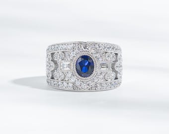 Victoriaanse stijl ovaal gesneden in het lab gekweekte blauwe saffier halve eeuwigheid band, 14K massief gouden handgemaakte verlovingstrouwring voor dames