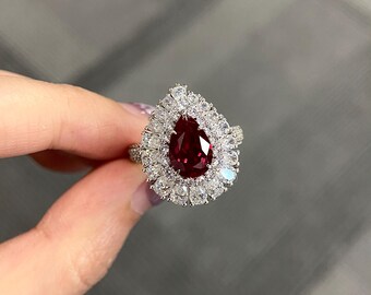 2.8 Carat Lab Ruby Pear Ring, White Gold Zircon Halo Engagement Ring