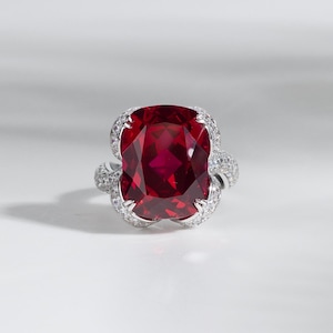 9.5 Carat Cushion Cut Lab Ruby Ring, Antique Style 14K White Gold Engagement Ring for Women, Twisted Rope Band with CZ Accents Ring