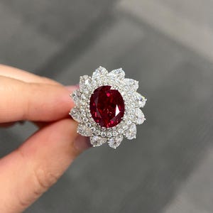 5 Carat Lab ruby engagement ring, oval cut July birthstone ring, sterling silver wedding ring for women