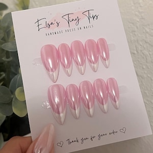 Icy Pink French Tip Glazed Donut Nails | Pink Chrome French Tip | Handmade Reusable Press On Nails