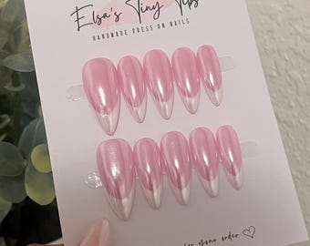 Icy Pink French Tip Glazed Donut Nails | Pink Chrome French Tip | Handmade Reusable Press On Nails