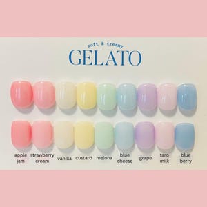 May include: A set of ten pastel-colored fake nails with different shades of pink, yellow, blue, and purple. The nails are arranged in two rows of five, with each row representing a different flavor of gelato. The flavors are labeled as apple jam, strawberry cream, vanilla, custard, melona, blue cheese, grape, taro milk, and blue berry.