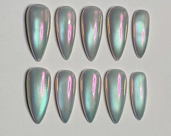 Opal Nails | Mermaid Holographic Chrome | Iridescent Velvet Cat Eye | Handmade Reusable Press On Nails