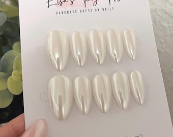 Pearl White Glazed Donut Nails | Hailey Bieber Inspired | White Chrome | Handmade Reusable Press On Nails
