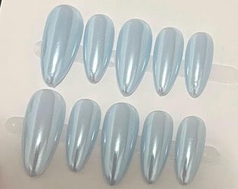 Baby Blue Glazed Donut Nails | Hailey Bieber Inspired | Blue Chrome | Handmade Reusable Press On Nails