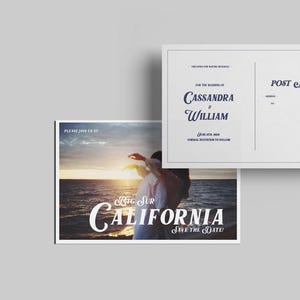 Cartão postal retrô vintage Salve a data | Salve a data para casamento no destino | Modelo editável personalizável frente e verso vintage