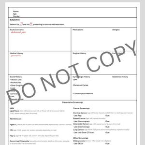 May include: A medical form with sections for patient information, medical history, surgical history, gynecologic history, obstetrics history, labs, ASCVD score, immunizations, and preventative screenings. The form includes a section for cancer screenings, such as cervical cancer, breast cancer, colorectal cancer, lung cancer, and osteoporosis.