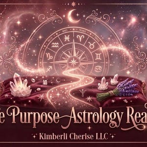May include: An artistic illustration for a Life Purpose Astrology Reading. The image features a celestial background with a zodiac wheel, crystals, and a bouquet of lavender on a velvet pillow. Text reads "Life Purpose Astrology Reading".