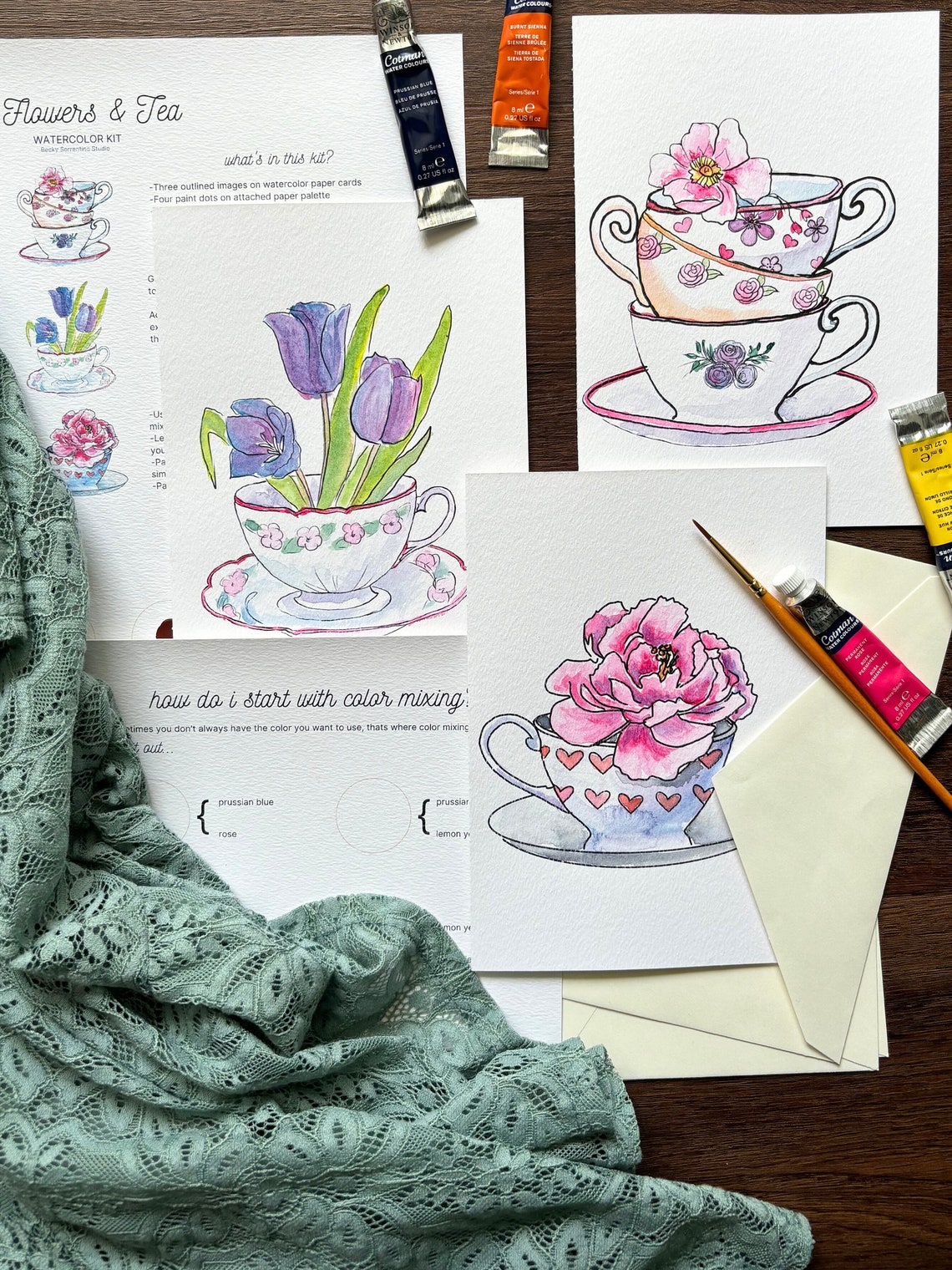 DIY Watercolor Kit; Flowers & Tea, Set of 3 Cards, 5x7 - Etsy