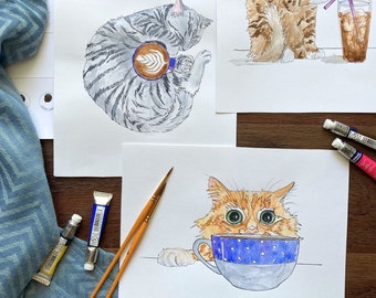 DIY Watercolor Kit; Cats & Coffee, set of 3 Paintings, 8x10