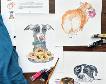 DIY Watercolor Kit; Dogs & Donuts, set of 3 Paintings, 8x10