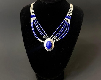 Southwestern Liquid Sterling Silver Bead Necklace Azurite Lapis Beads Pendant