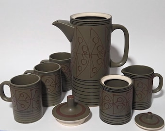 Vintage Mid-Century Mikasa Cera-Stone Olive Green Coffee Set - 6 Pieces