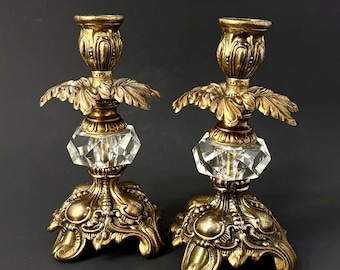 Vintage Pair of Hollywood Regency Ornate Gold Brass and Crystal Candlestick Holders