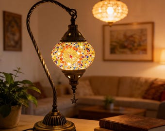 Turkish Mosaic Table Lamp,Handmade Swan Neck Night Lamp