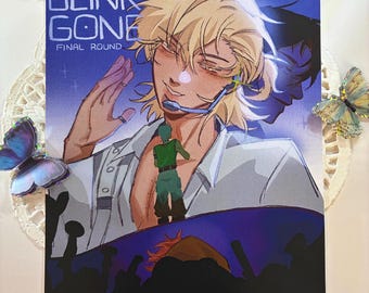 May include: A purple and blue illustration of a man with blond hair wearing a white shirt and a headset. The text "BLINK GONE FINAL ROUND" is at the top of the image.