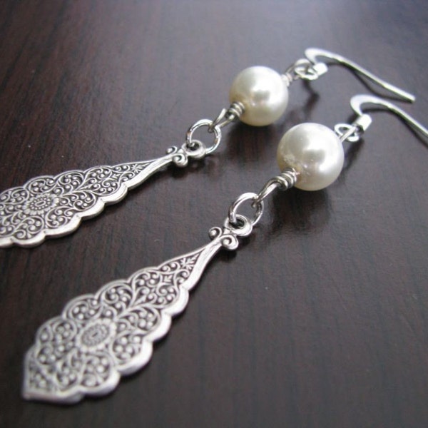 Ornate Silver Pearl Drops Earrings, Bridesmaid Earrings, Wedding Gift