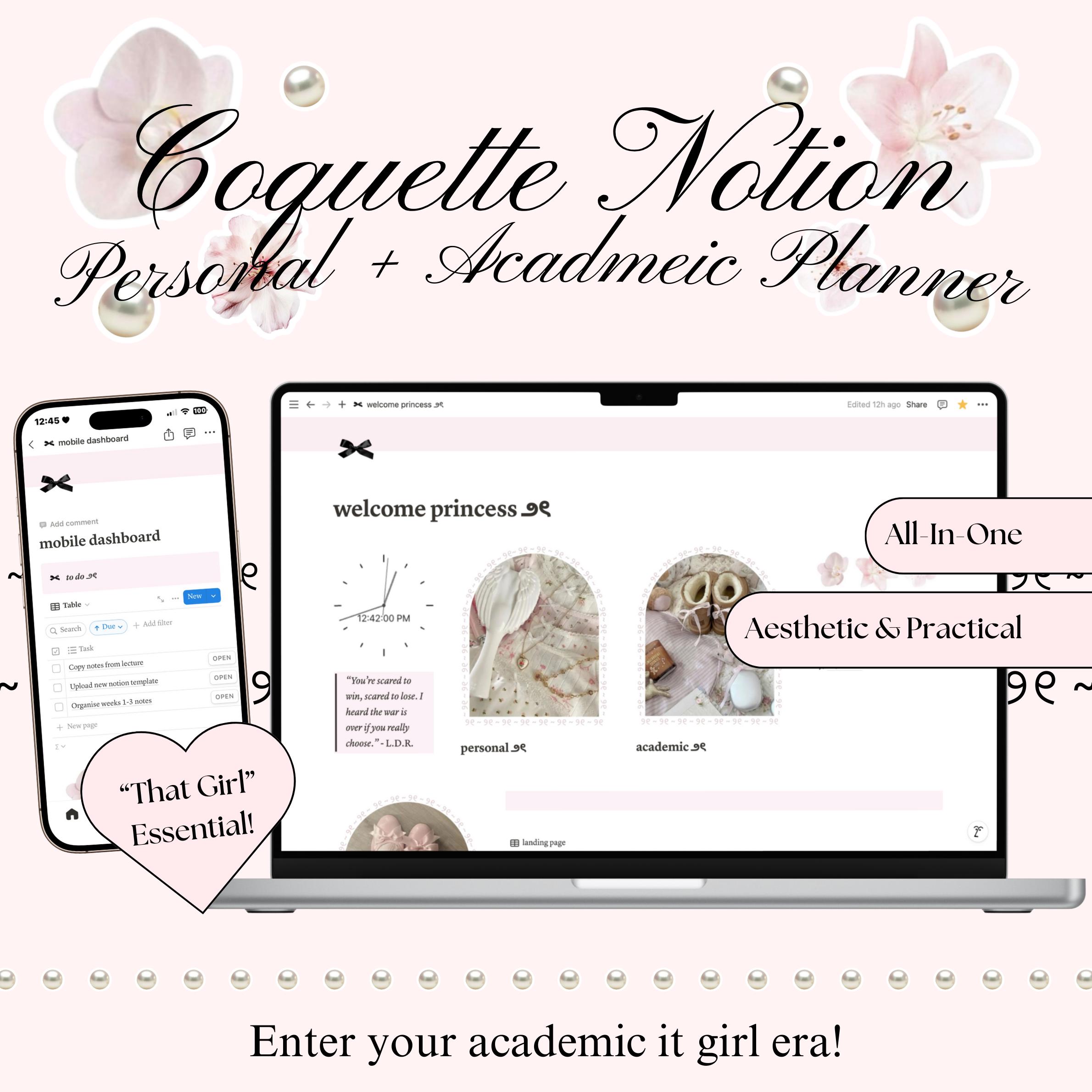 Coquette Notion Template | Personal + Academic Planner ౨ৎ ₊⊹