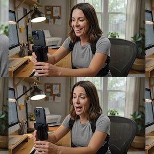 May include: A black posture corrector brace worn over a grey t-shirt, featuring adjustable straps that wrap around the shoulders and upper back to provide support and encourage upright alignment while sitting at a desk with a smartphone.