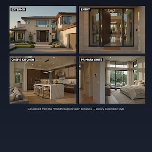 May include: A four-panel collage titled THE FULL WALKTHROUGH showing a modern house. Panels labeled EXTERIOR, ENTRY, CHEF'S KITCHEN, and PRIMARY SUITE display architectural views. Text at the bottom reads Generated from the Walkthrough Reveal template.