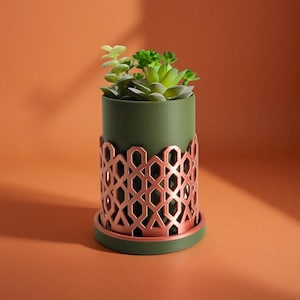 Decorative Planter Pot with Drip Tray – Modern Lattice Design – Indoor Plant Holder with Drainage – Shelf & Desk Decor – OINKS Design House