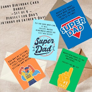 Pacote de cartões engraçados para o pai – Conjunto de 4 cartões hilários de aniversário e dia dos pais – Super pai, piadas de pai