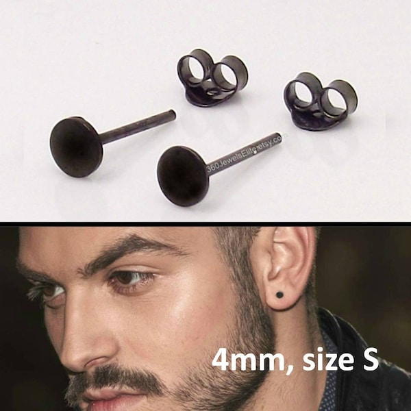 4mm Stud Earrings - Black Gold over Sterling Silver - For Men Women  - Cartilage Helix Tragus - Nail it Down Round Disc (420 4SB) 4mm Small