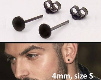 4mm Stud Earrings - Black Gold over Sterling Silver - For Men Women  - Cartilage Helix Tragus - Nail it Down Round Disc (420 4SB) 4mm Small